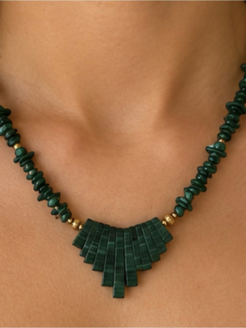 14K Gold beads and Malachite Stone Fan Pendant Necklace - Elegant